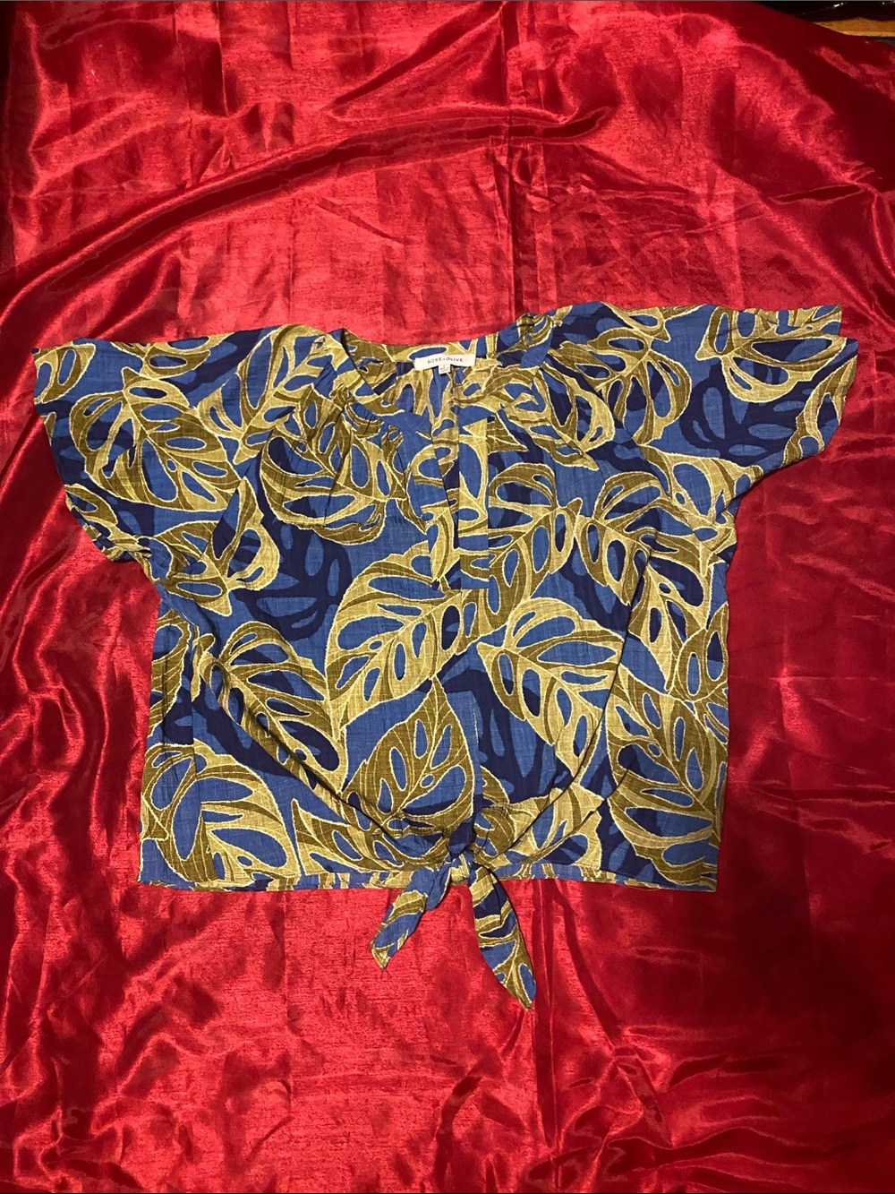 Blue and Gold Leaf Print Tie-Front Women's Top